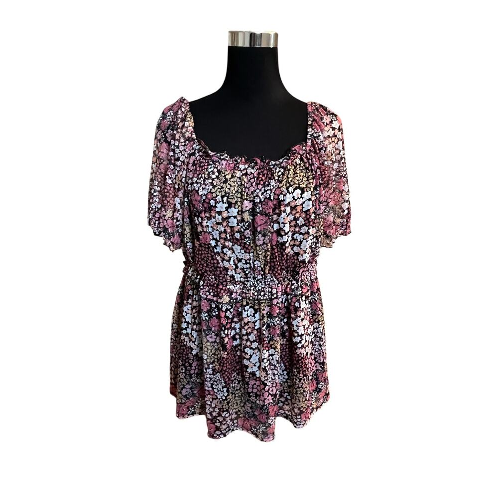 A.U.W. Women's Multi Color Floral Baby Doll Short Sleeve Blouse 2X